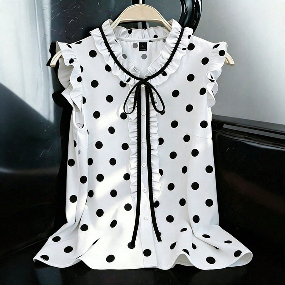 European and american style retro polka dot tank top - plus size, ruffle trim, v-neck design, loose fit, sleeveless top - flattering and concealing