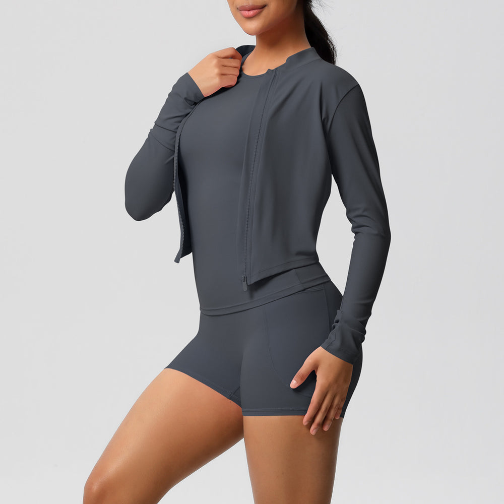 Fashion cross-border cloud-like brushed sports zipper outwearcasual running hip pocket shorts yoga clothes three-piece set