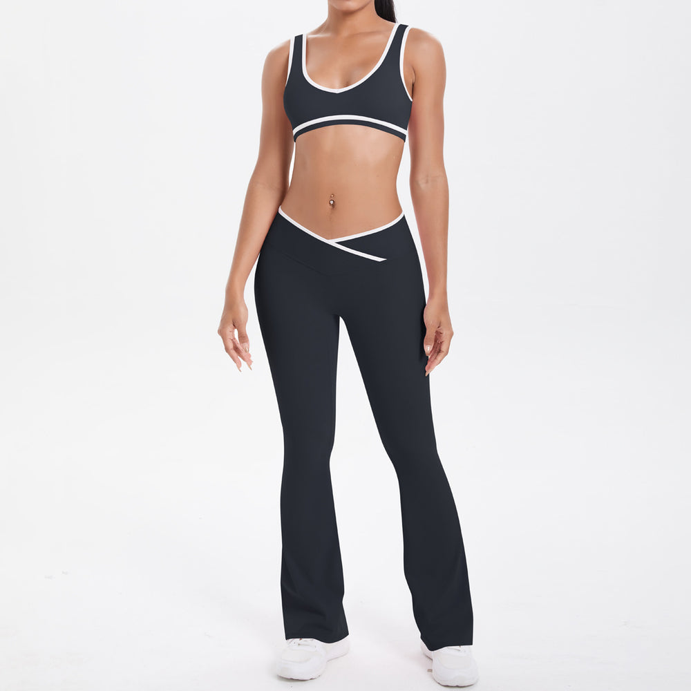 New arrival cross-border double-sided brushed contrast color tight breathable cross wide-leg yoga suit sports running fitness women