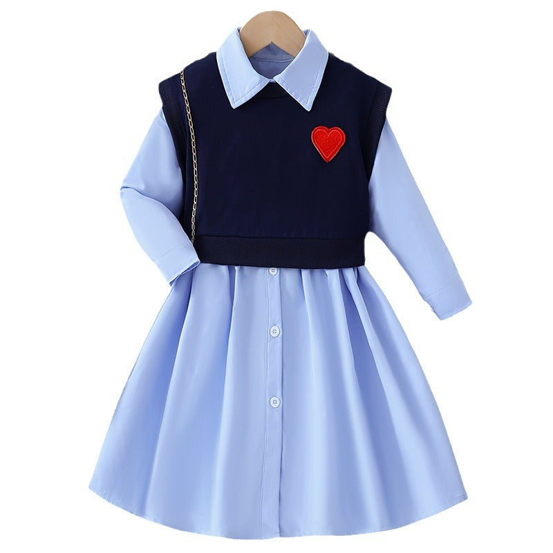 autumgirlk-stylepreppy skirttwo-piece setheartembroiderknitting vest shirt lapeldress