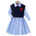 autumgirlk-stylepreppy skirttwo-piece setheartembroiderknitting vest shirt lapeldress