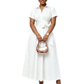 C8662  european and american women's clothing  summer new arrival: collared short-sleeve tie-waist solid color export dress