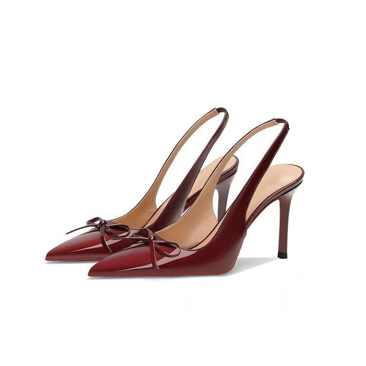 Nude high heels for women 2026 summer new arrival open back pointed toe stiletto shallow elegantflats red bottom bows sandals