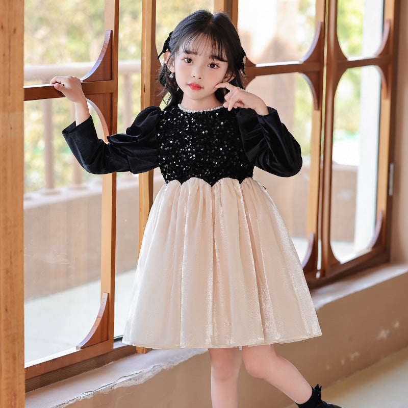 Girls' hepburn-style dress, fleece-lined, baby's birthday dress, stylish sequin patchwork, cross-border children's princess dress, in stock