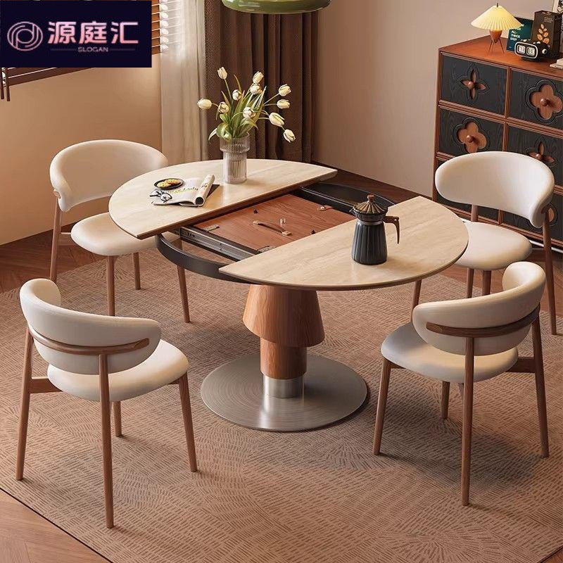 Vintage-style extendable dining table, foldable convertible round table, round travertine rock slab solid wood high-end round table for home use