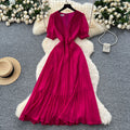 Frenchclassyelegantv neck puff sleeves stereo flower waist pleated dress female summer slimming lookelegant long skirt