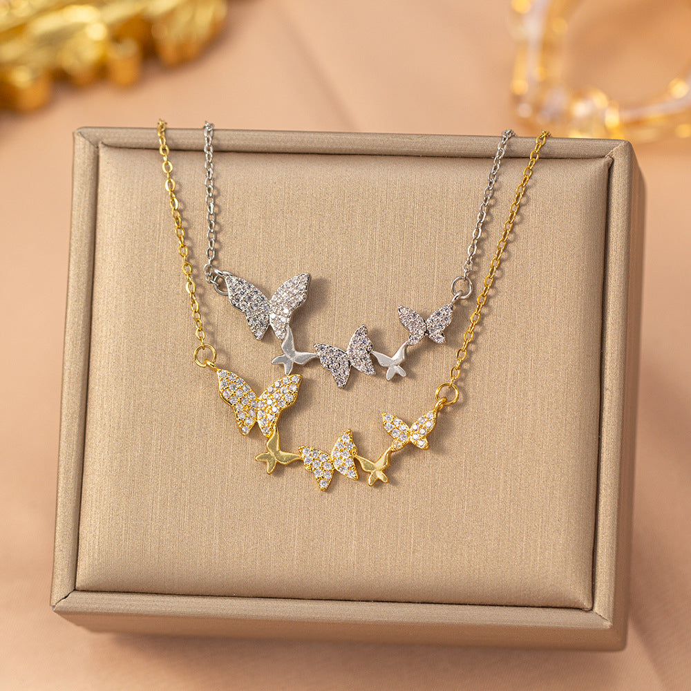 Popular stylish copper inlaid zirconium full diamond butterfly necklace for women eleganteasiest for matchfashion non-fading clavicle chain jewelry