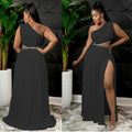 supply european and american clothing  pure color asymmetrical one-shoulder tops large slit floor-length skirt suit