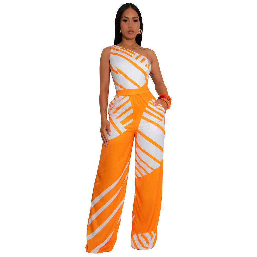 C7371 cross-border   fashion women's summer casual textured one-shoulder striped jumpsuit
