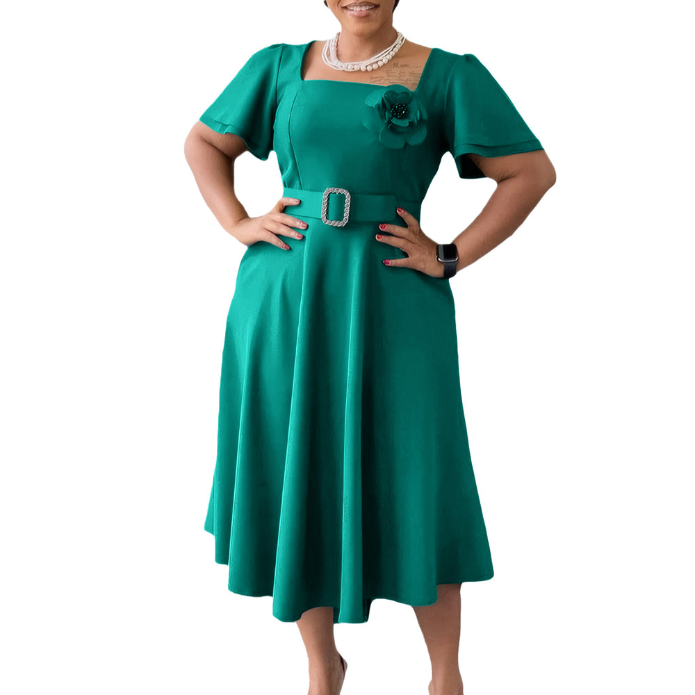 D568export women's clothing cross-border  summer women's new fashion square collar pure color high waist large skirt african dress