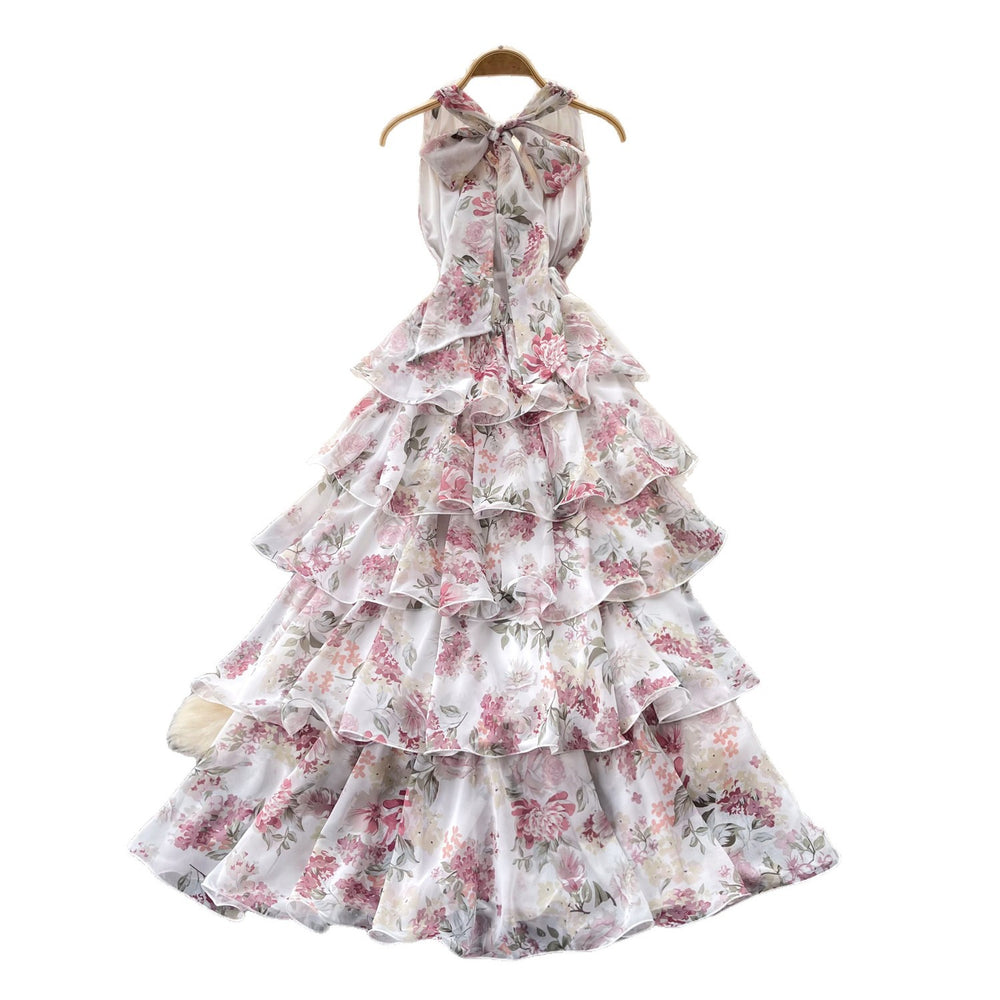 Frenchromantic style v neckhalter floral dress female summer k-stylesweet sleeveless ruffles cake skirt slimming look