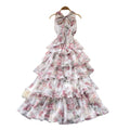 Frenchromantic style v neckhalter floral dress female summer k-stylesweet sleeveless ruffles cake skirt slimming look