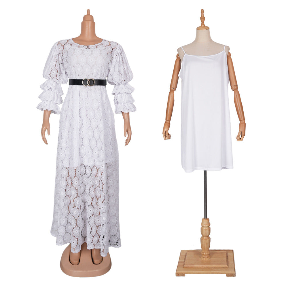 European and american  african robe plus size women's clothing african  cross-border foreign trade round neck lace dress
