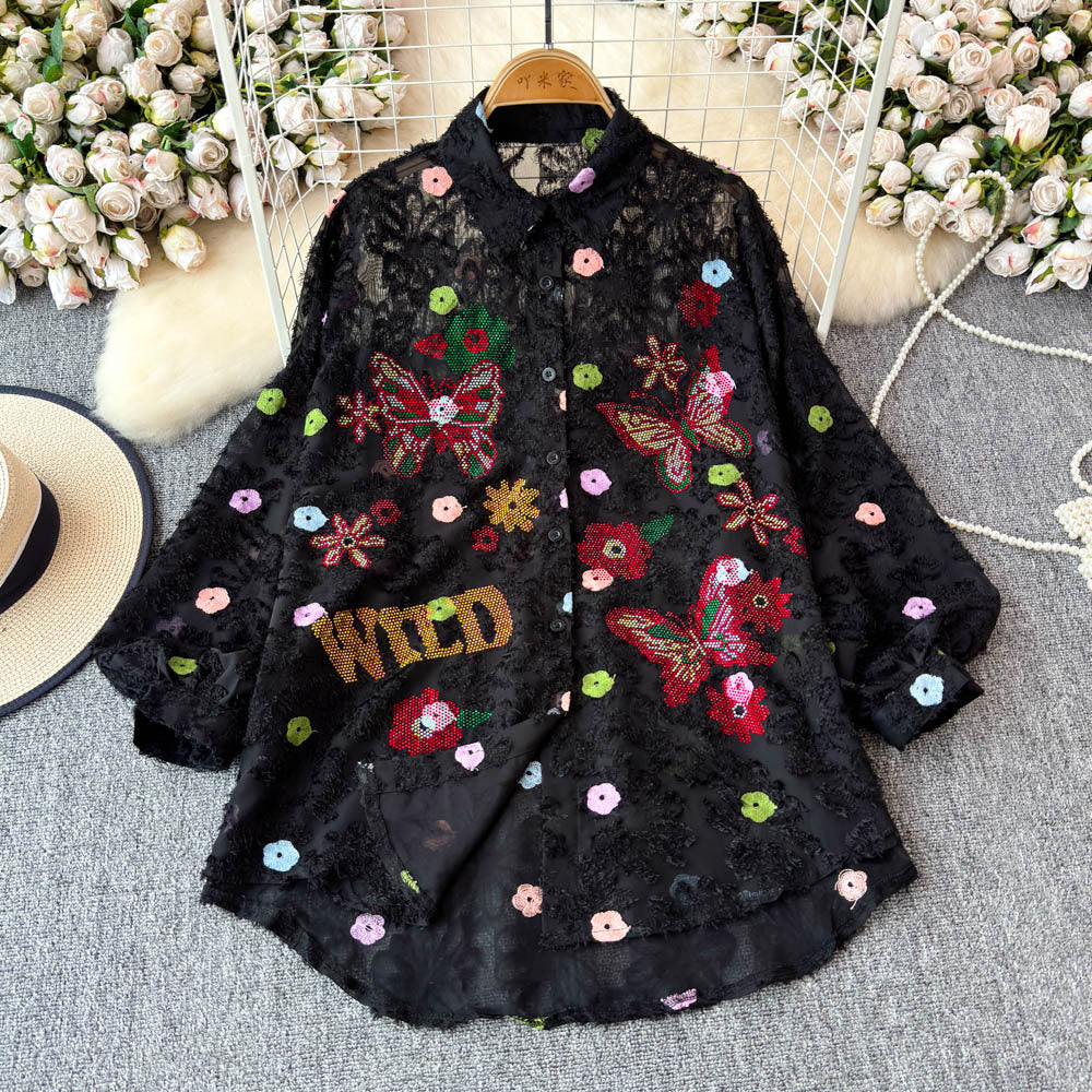 3d embroidered hotfix rhinestone lapel long sleeve shirt - women's  spring new fashion, loose fit, slimming, playful top