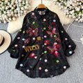3d embroidered hotfix rhinestone lapel long sleeve shirt - women's  spring new fashion, loose fit, slimming, playful top