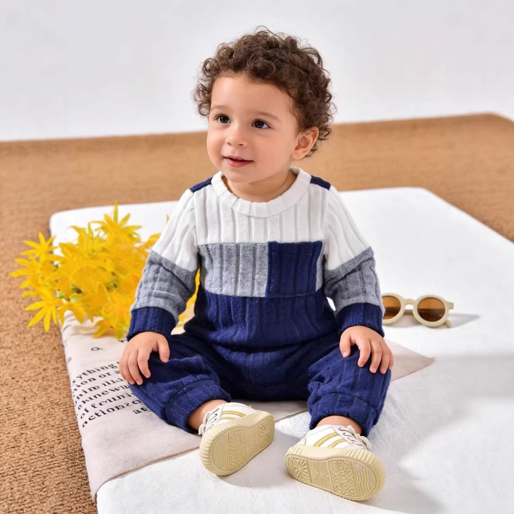 Baby boy & girl casual ribbed knit patchwork long sleeve top and pants set - spring/autumn collection