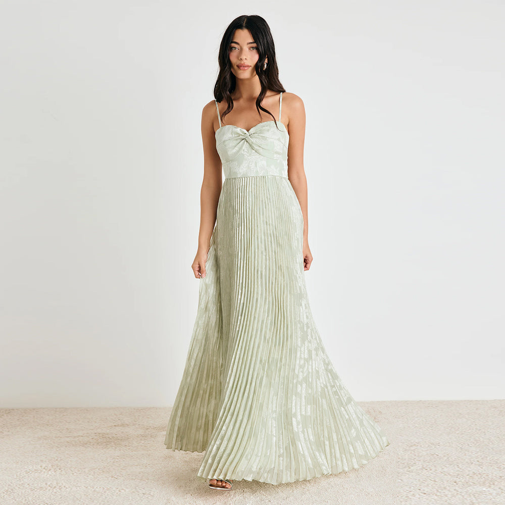 C7750 cross-border  new women's fresh light green pleated jacquard camisole pleated long maxi dress