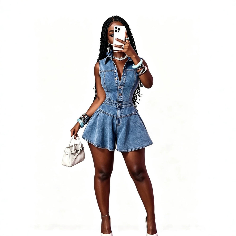 Aliexpress summer single-breasted european and american sexy slim-fit denim jumpsuit shorts - cross-border e-commerce