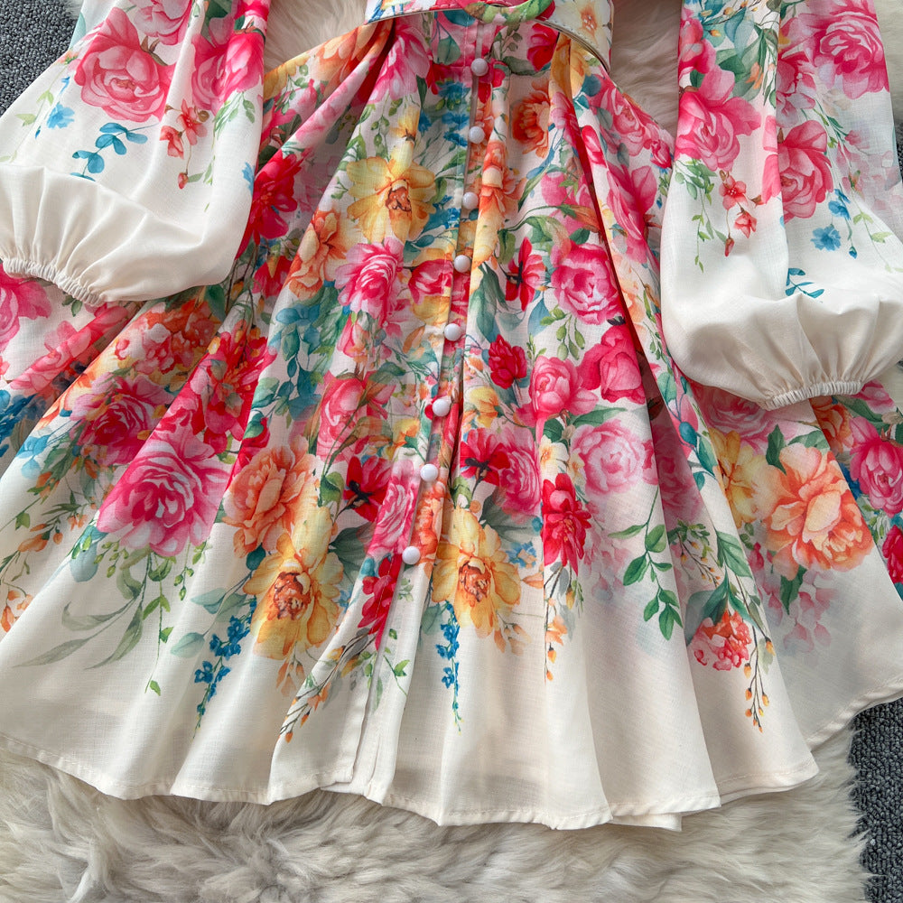 European and american retro court style dress - women's elegant socialite lantern sleeve stand collar button-down waist-defining printed midi dress