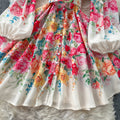 European and american retro court style dress - women's elegant socialite lantern sleeve stand collar button-down waist-defining printed midi dress