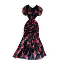 new luxury chic chiffon printed dress - elegant ruffle hem mermaid gown - slimming women's dress