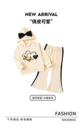 Girls' autumn outfit: beige hooded sweatshirt with cartoon print and bow detail, paired with flared pants