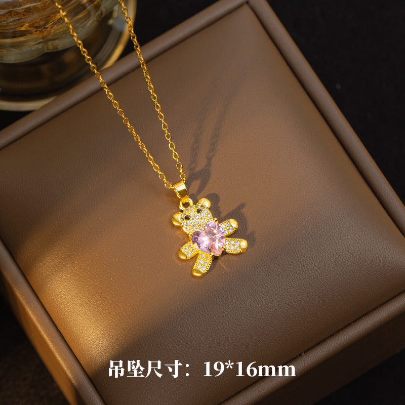 European and american style, full diamond bear necklace for women. copper plated with micro-paved cubic zirconia, cute and sweet style, titanium steel clavicle chain pendant