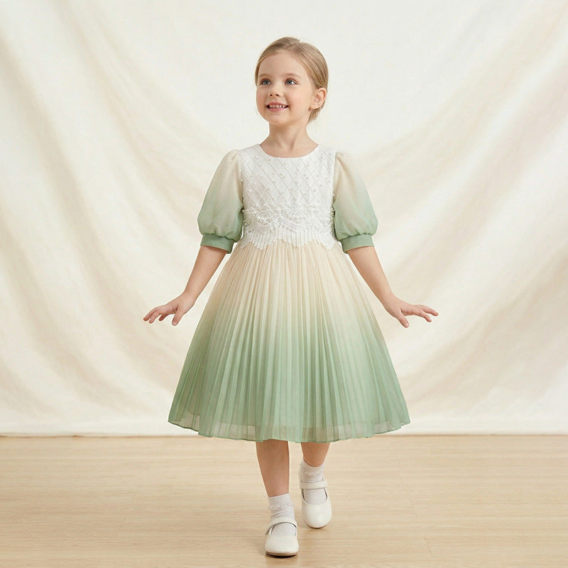 fashion style personalized girldress chiffon printinghalf length sleeve pleated skirtnew arrivalkids skirt
