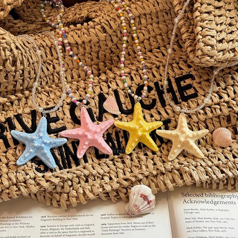 Dopamine long beaded starfish necklace women's summer beach island vacation style exaggerated yellow clavicle chain accessories