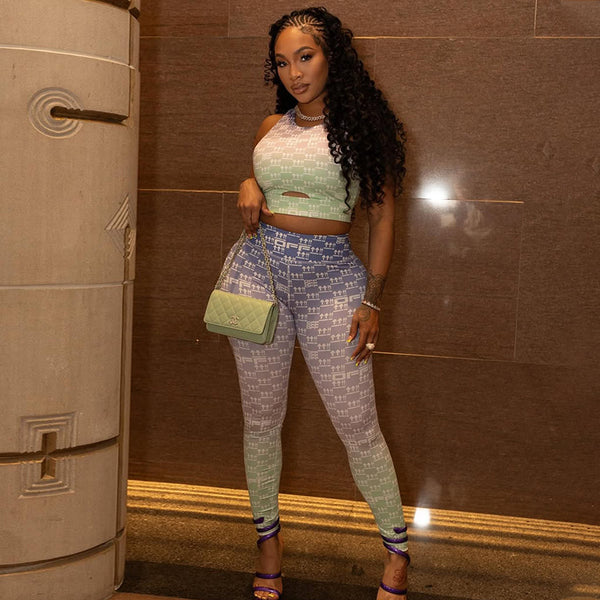 European and American style  sports commuter women's clothing hollow slim-fit printed pants set vest top pants two-piece set