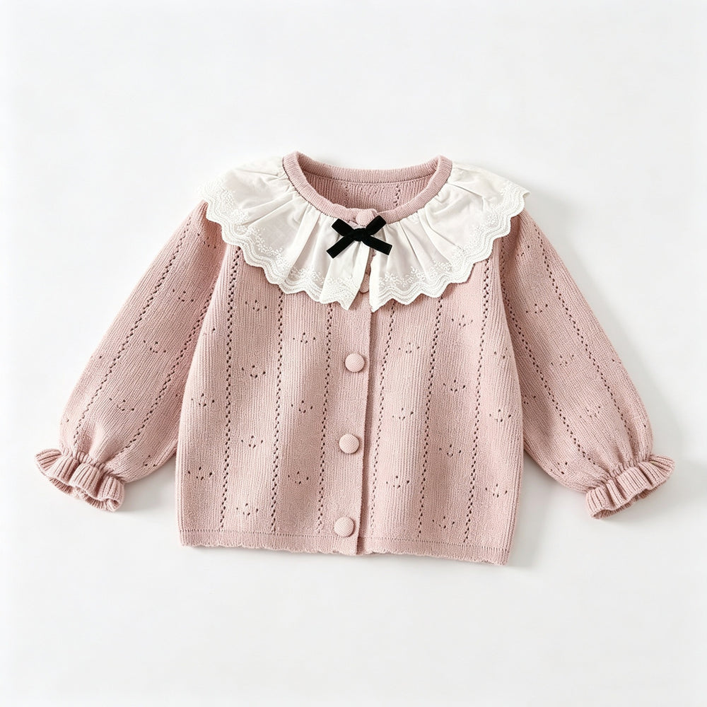 Girls' cardigan sweater - autumn/winter outerwear - kids' princess lace trim bow knit jacket