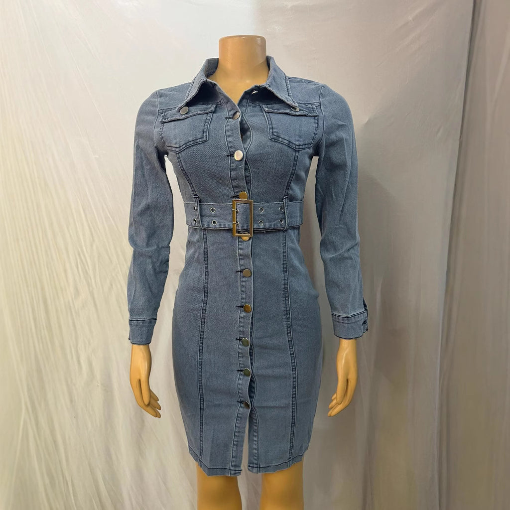 Cross-border Europe, America,  new women's clothing fashion lapel cardigan slim denim dress  wholesale women