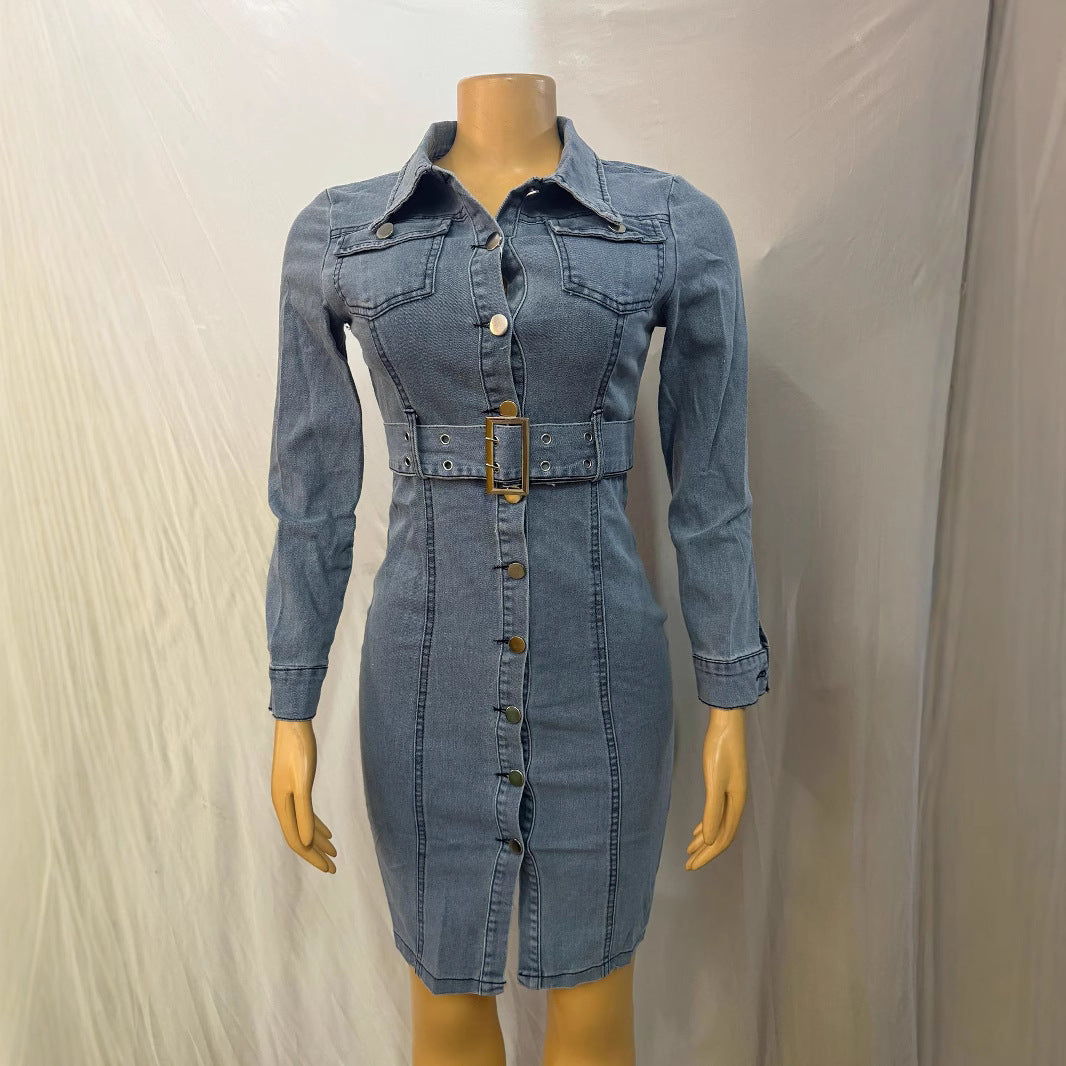 Cross-border Europe, America,  new women's clothing fashion lapel cardigan slim denim dress  wholesale women