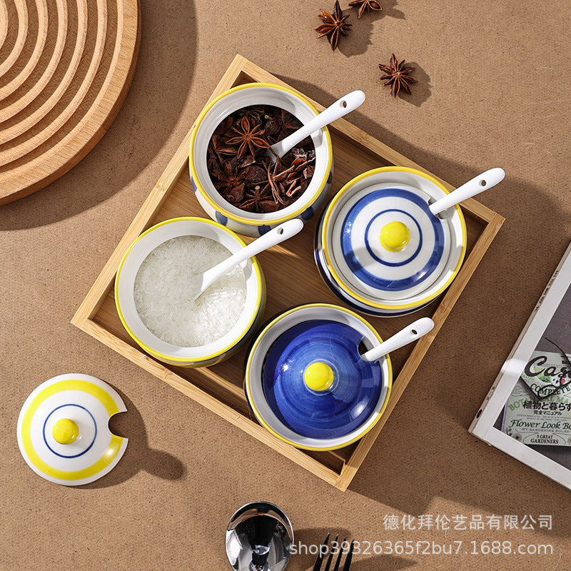 Household kitchen ceramic seasoning jar set - hand-painted creative pepper & salt shakers, sugar bowl, msg jar with wooden tray set