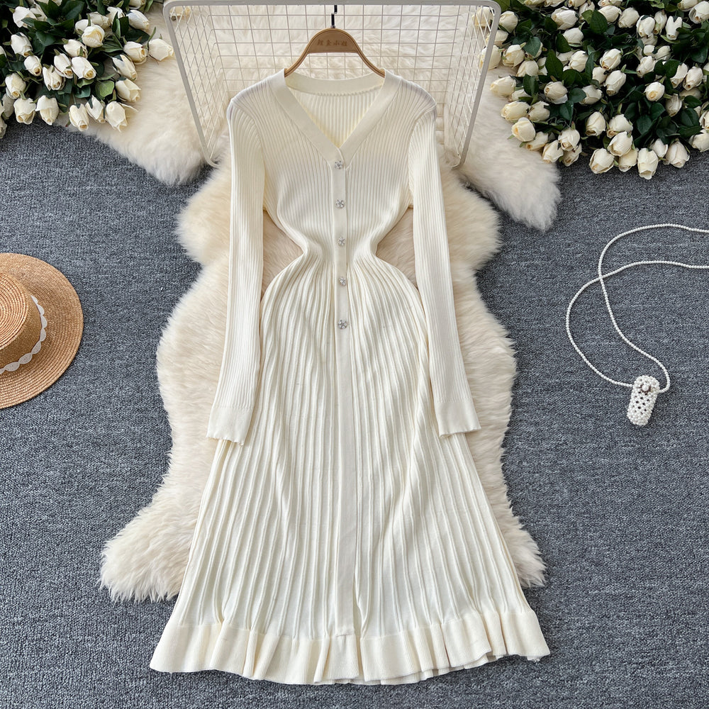 Fall and winter inner wear knittingdress female socialite elegantclassy sense v neck single breasted waist slimming looksweater long skirt