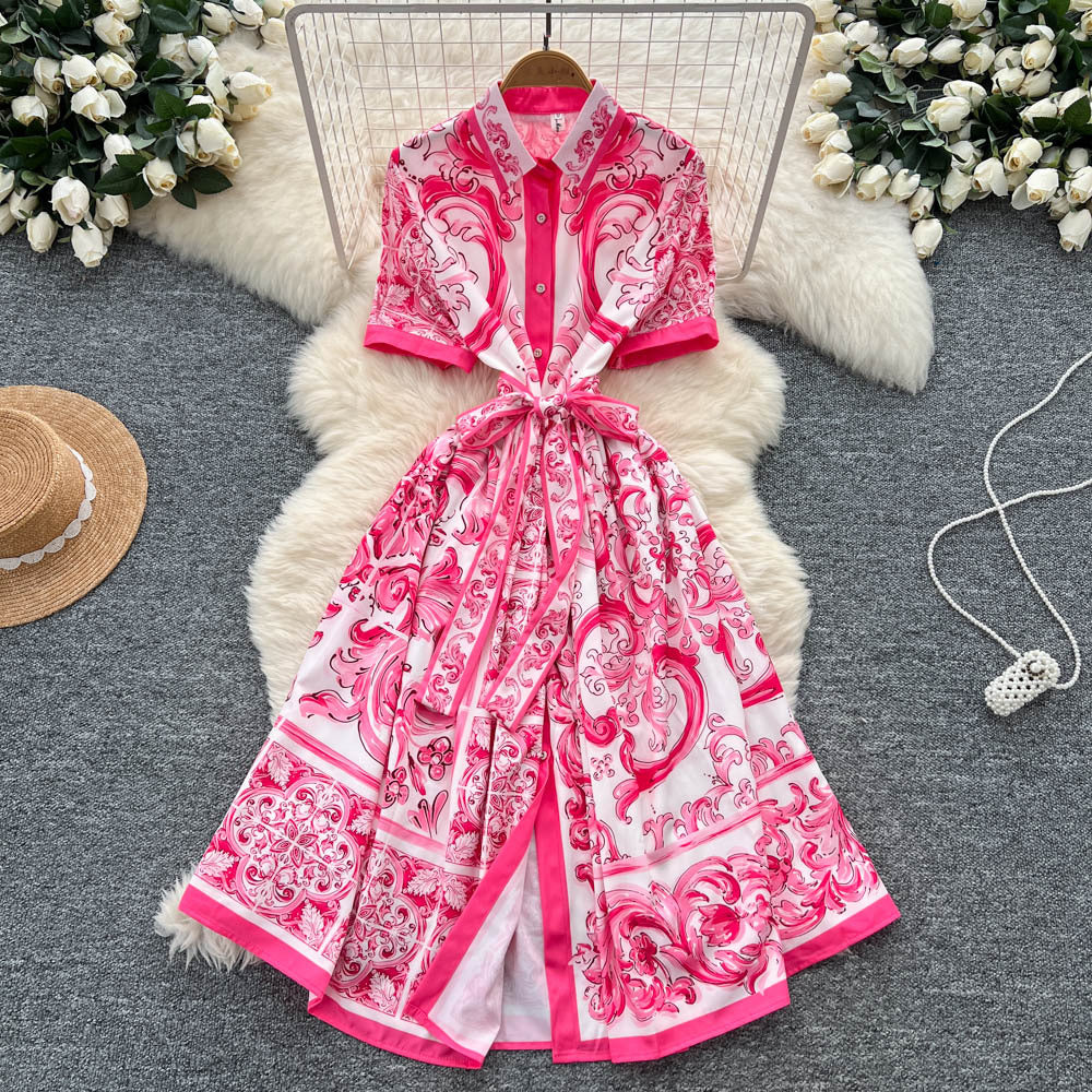 European and american niche style court-inspired placement print dress - women's summer high-end tie-waist single-breasted shirt dress