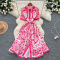 European and american niche style court-inspired placement print dress - women's summer high-end tie-waist single-breasted shirt dress