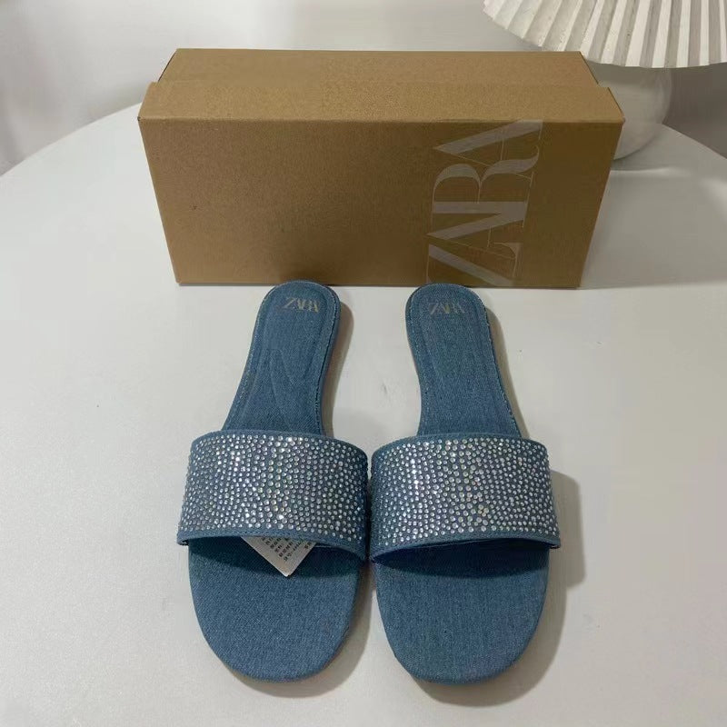 Za summer new 2024 women's shoes blue denim thong sandals with rhinestone embellishments, square toe, open toe, flat heel
