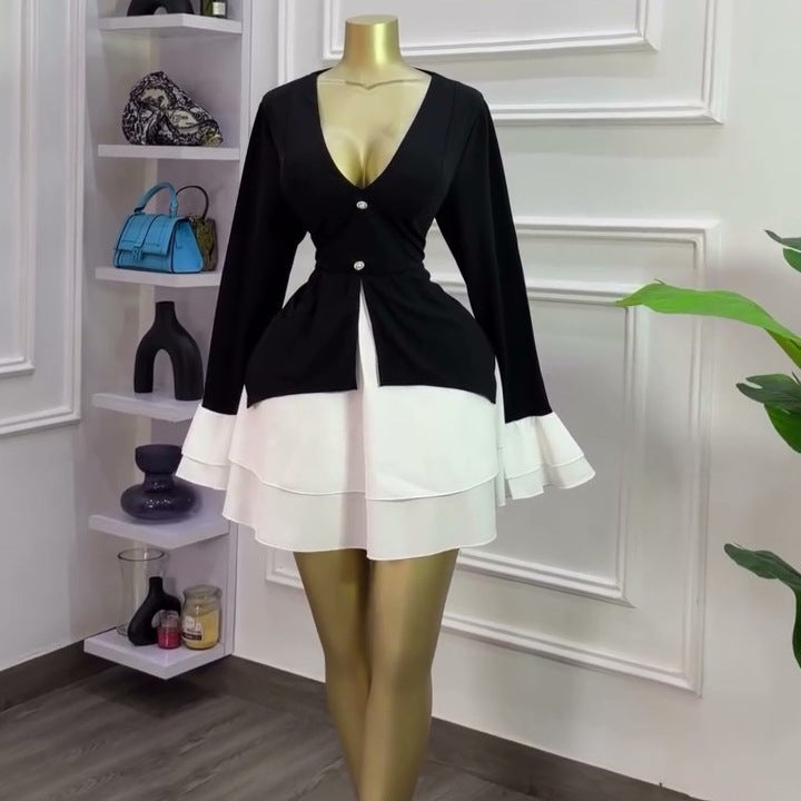 European and american cross-border women's fashion:  spring new arrival - elegant and stylish v-neck color block flared sleeve asymmetrical dress
