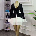 European and american cross-border women's fashion:  spring new arrival - elegant and stylish v-neck color block flared sleeve asymmetrical dress