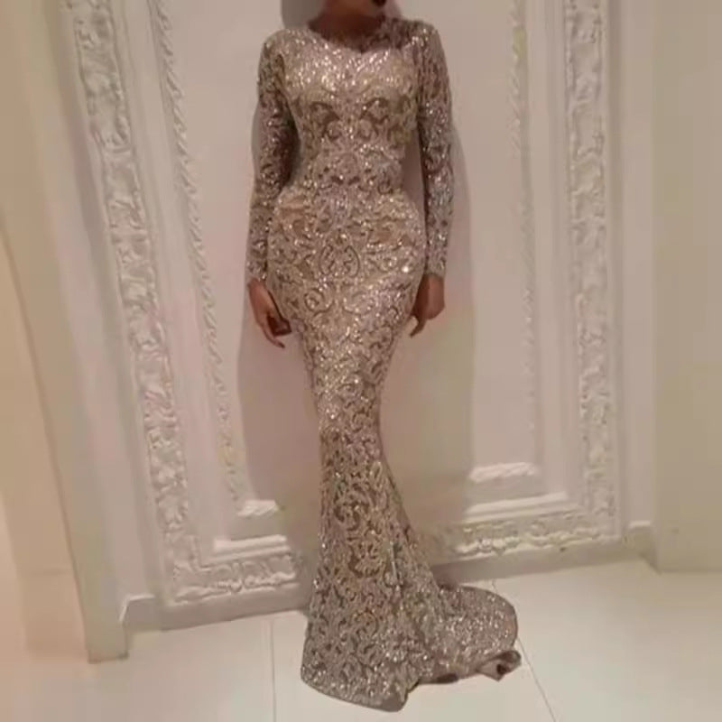 spring new european and american export women's clothing  hot stamping long sleeve elegant slim sexy maxi dress evening gown