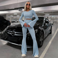 European and american cross-border women's fashion:  autumn new collection - solid color crew neck flared long sleeve top and skinny flare pants two-piece set
