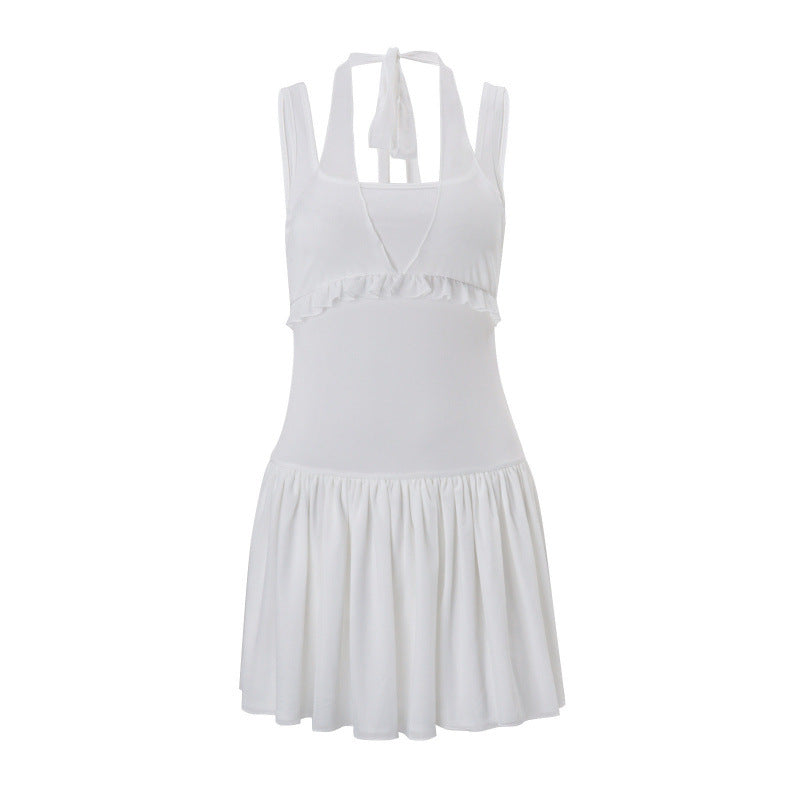 women's clothing  summer new fashionable minimalist elegant solid color spaghetti strap waist-cinching dress