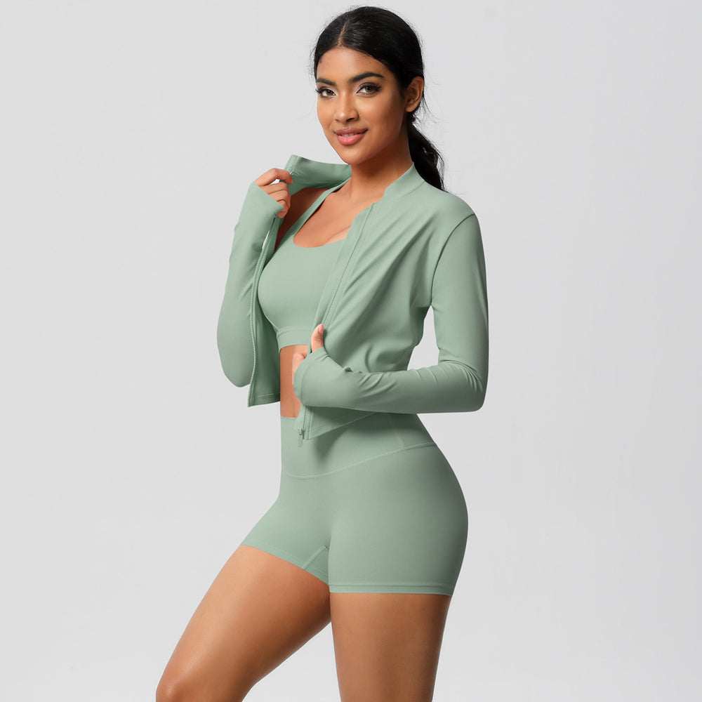 European and american solid color brushed fleece compression quick-dry yoga set - short length cloud-like outdoor running fitness activewear three-piece set