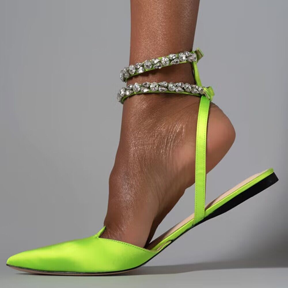 new pointed-toe rhinestone sandals for women, export quality, european and american style, flat heel, size 42, silk satin, open back with buckle closure