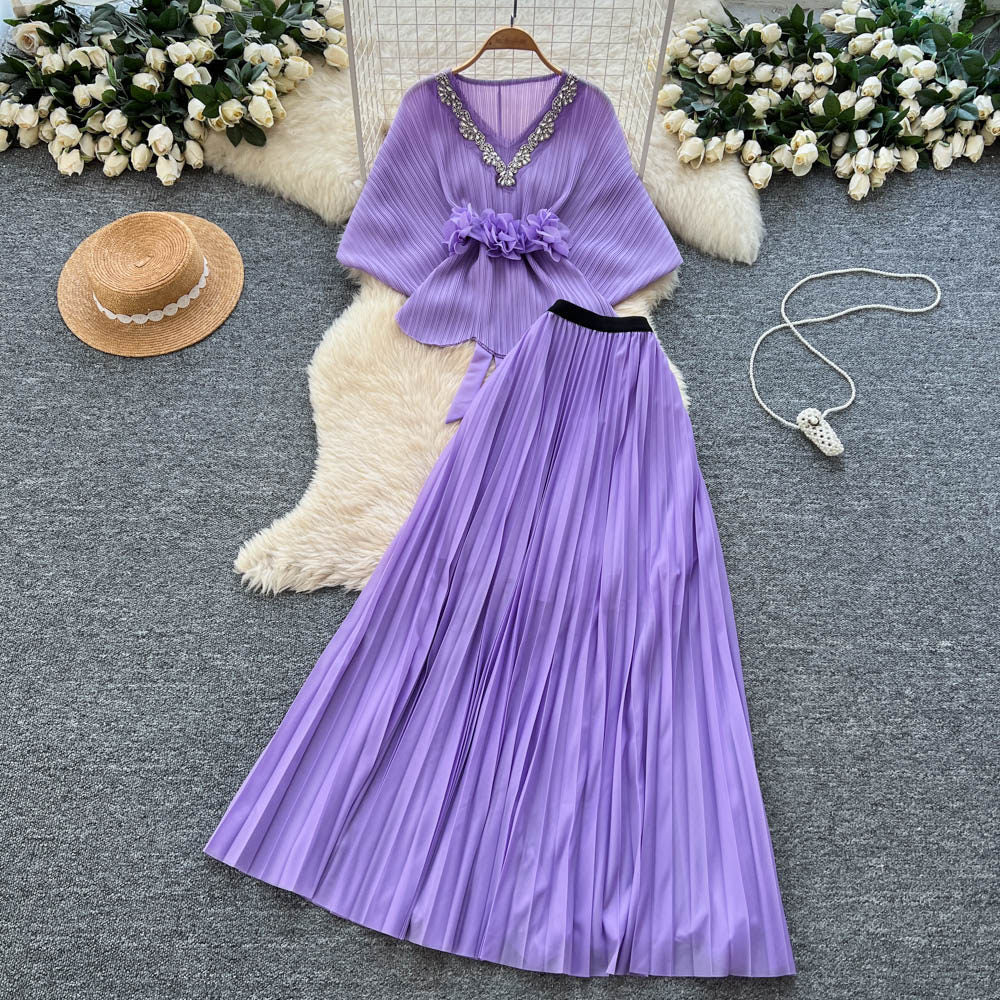 Noble socialite work clothing style red two-piece set female autum silmpleated skirt cloak waist suitelegance