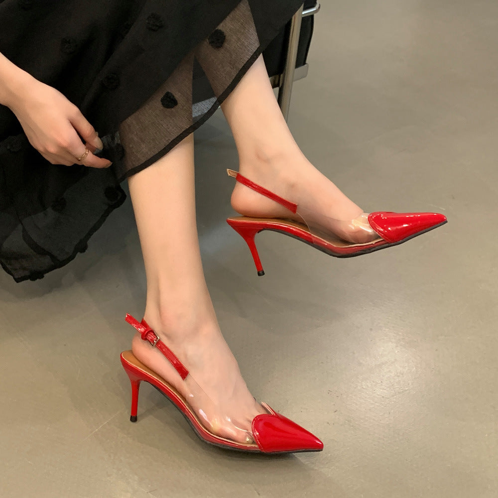 French pointed-toe stiletto sandals for women, 2026 new collection, red patent leather with transparent paneling, single buckle strap high heels