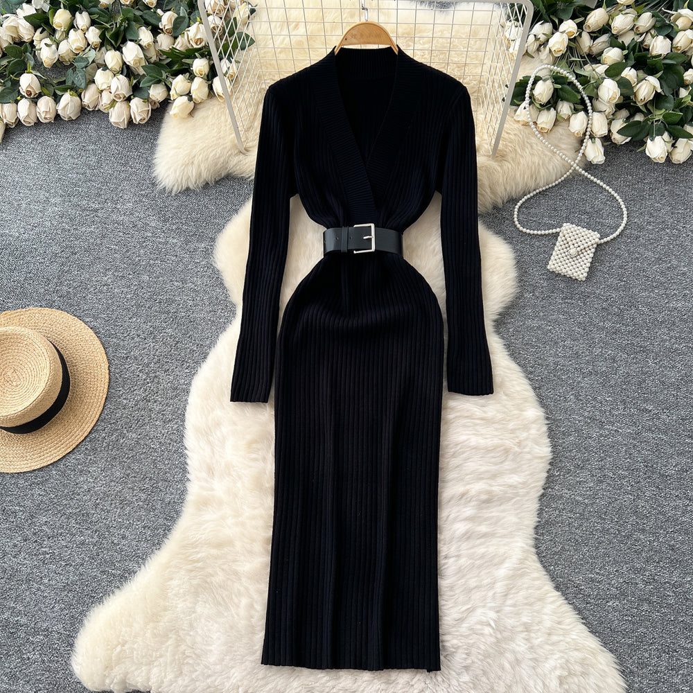 Minimalist chic solid color knit dress - women's autumn collection: criss-cross neck, belted waist, slim fit, stunning maxi dress