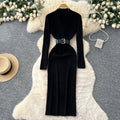 Minimalist chic solid color knit dress - women's autumn collection: criss-cross neck, belted waist, slim fit, stunning maxi dress
