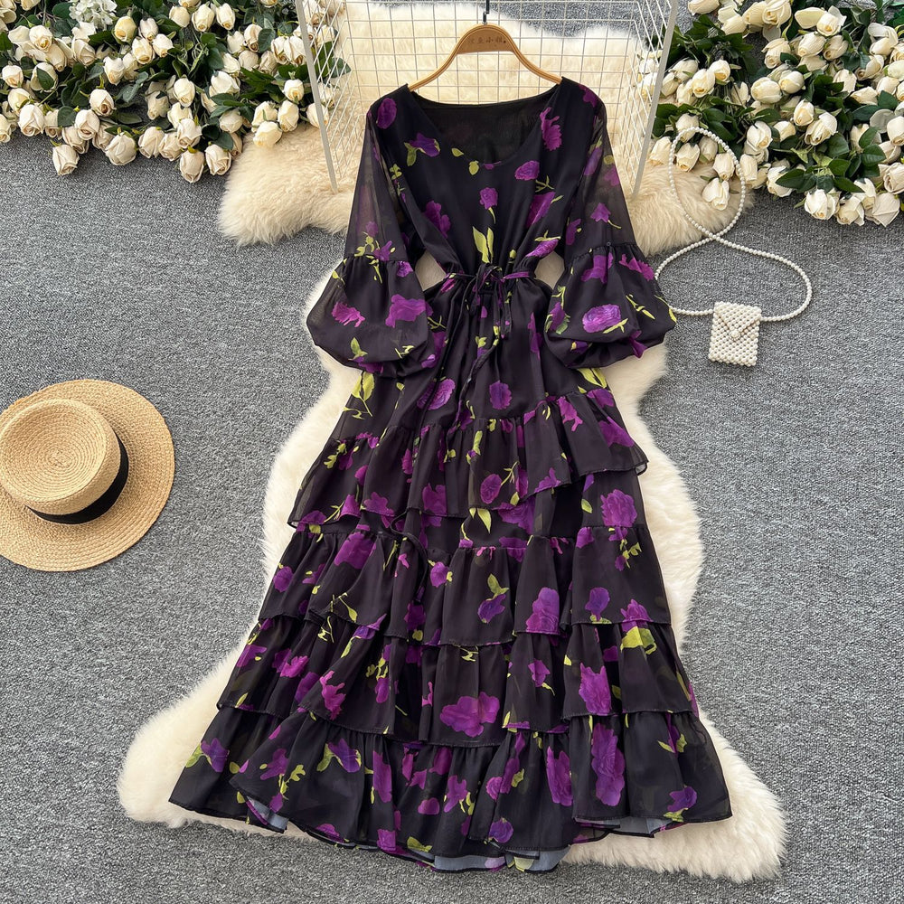 French round neck lantern sleeve drawstring waist printingdress women slimming lookeleganteleganceruffles chiffon long skirt